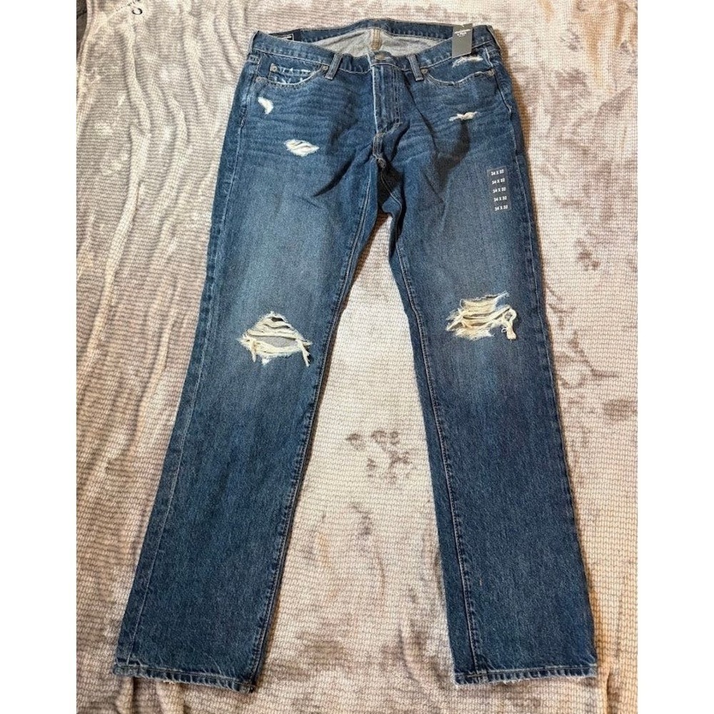 Abercrombie & Fitch Langdon Skinny Stretch Distressed Jeans Mens 34x32 Blue Rip
